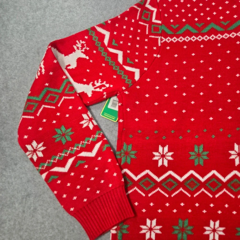 Tipsy Elves Mens Red Reindeer Fair Isle Quarter Zip Christmas Sweater Large NWT
